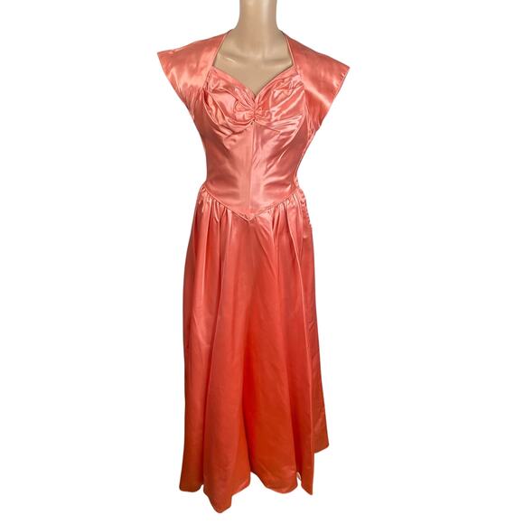 Vtg 40s Party Lines by Emma Domb Coral Pink Satin Bombshell Maxi Dress SZ S - Picture 1 of 13